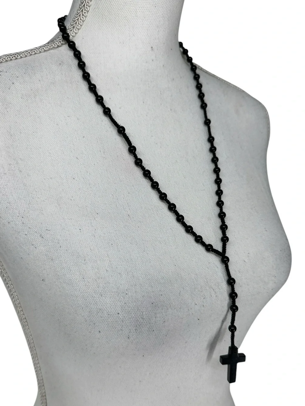 Black / Rosary Style Necklace with Cross & Beads / 25” Circumference / Goth Emo